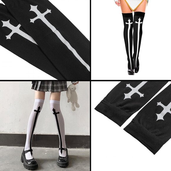Punk Goth Cross Thigh High Over the Knee Socks Stockings - Picture 2 of 3